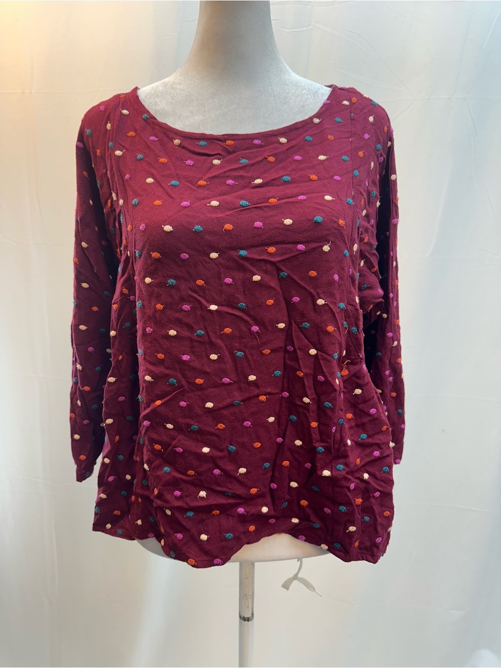 Maeve by Anthropologie Wine Long Sleeve Top with Multicolor Dot Embroidery XS